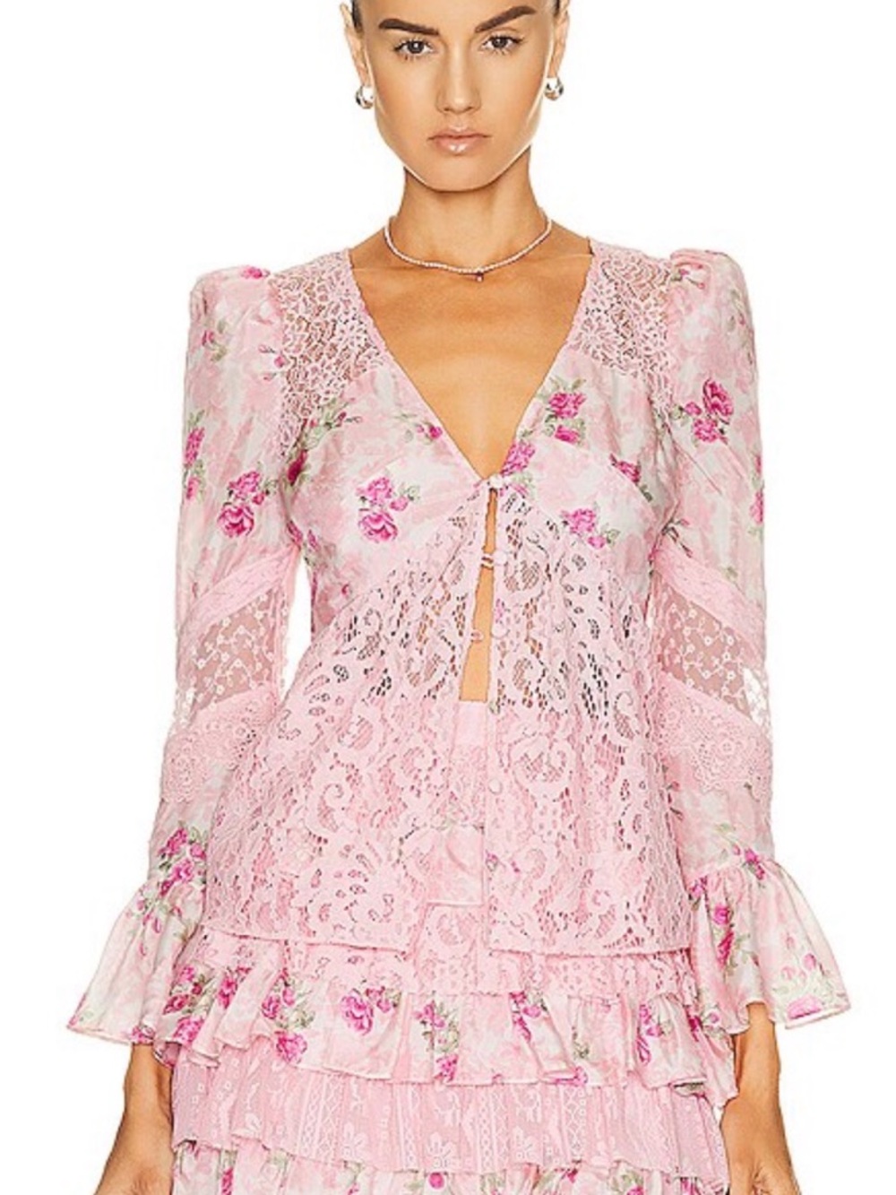LOVESHACKFANCY Priea Pink Floral Lace Silk Blouse